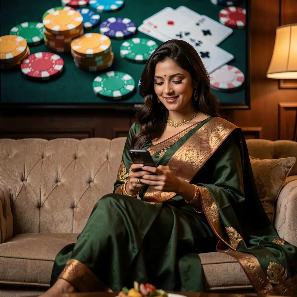 Confident Bangladeshi woman using the JA9999 casino app on her phone as vibrant chips and cards glow behind her